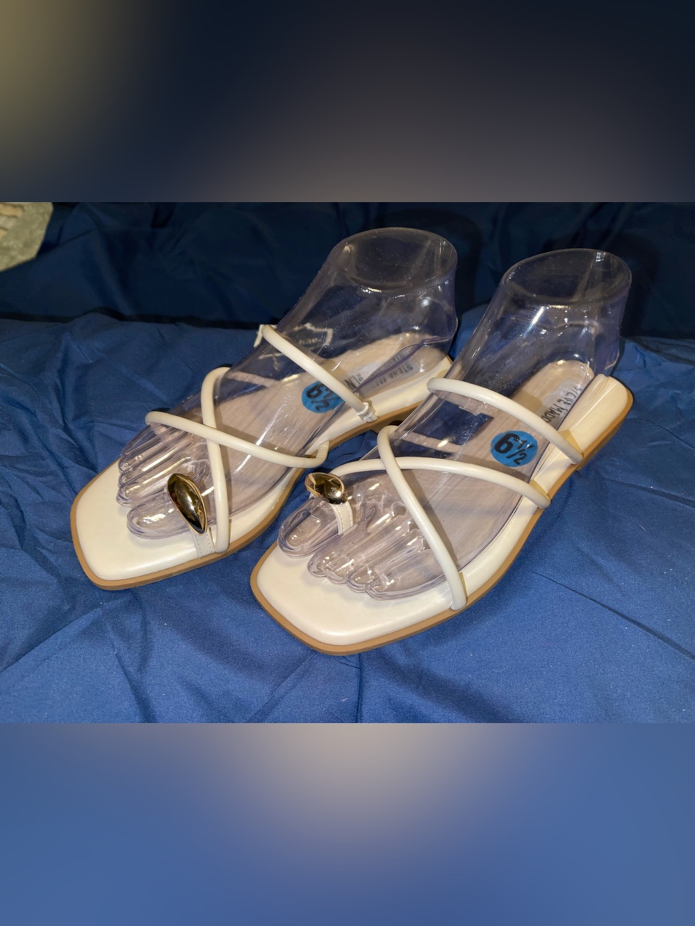 Steve Madden Ivory Strappy Square-Toe Sandals with Gold Teardrop Accent